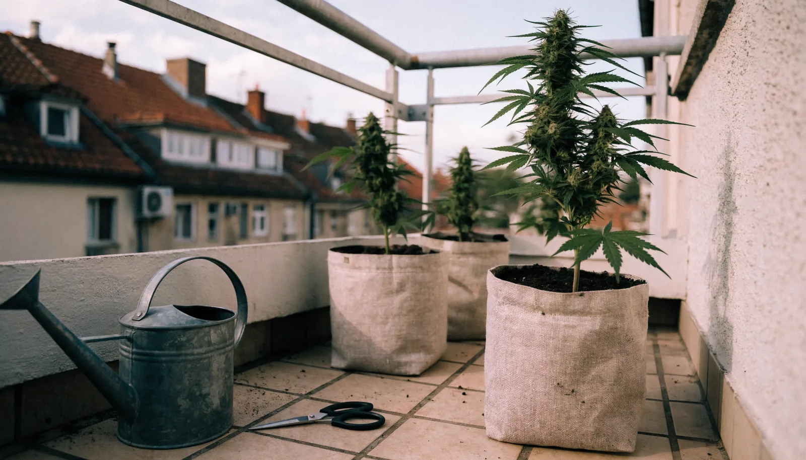 Trois plants de cannabis compacts poussant dans des pots en tissu sur un balcon d'appartement européen