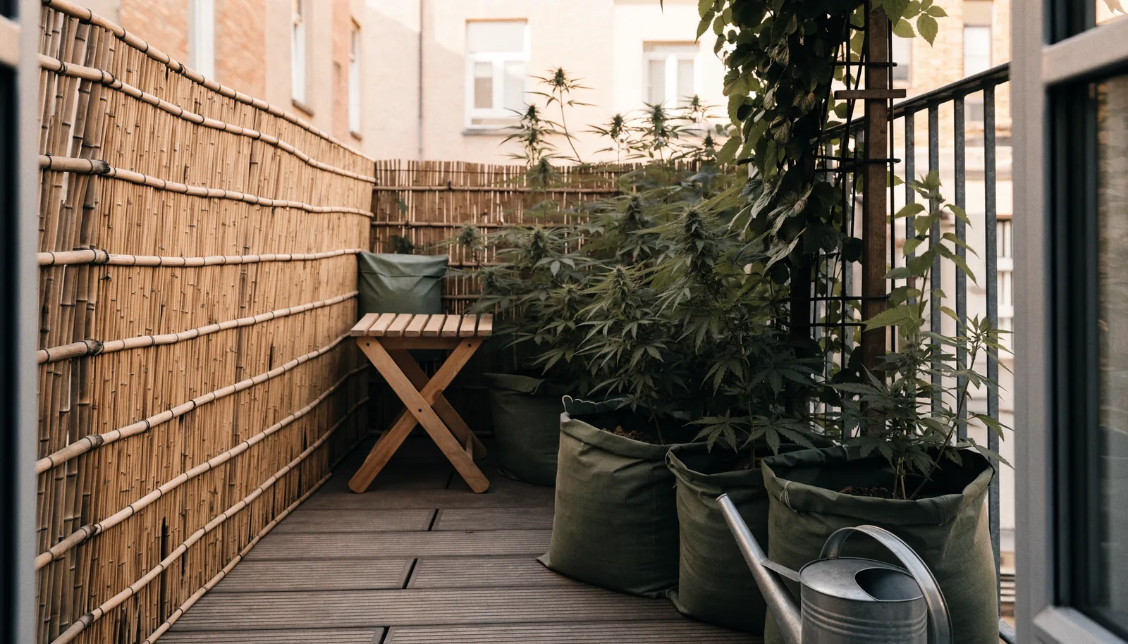 Brise-vue en bambou dissimulant des plants de cannabis en pots en tissu sur un balcon étroit