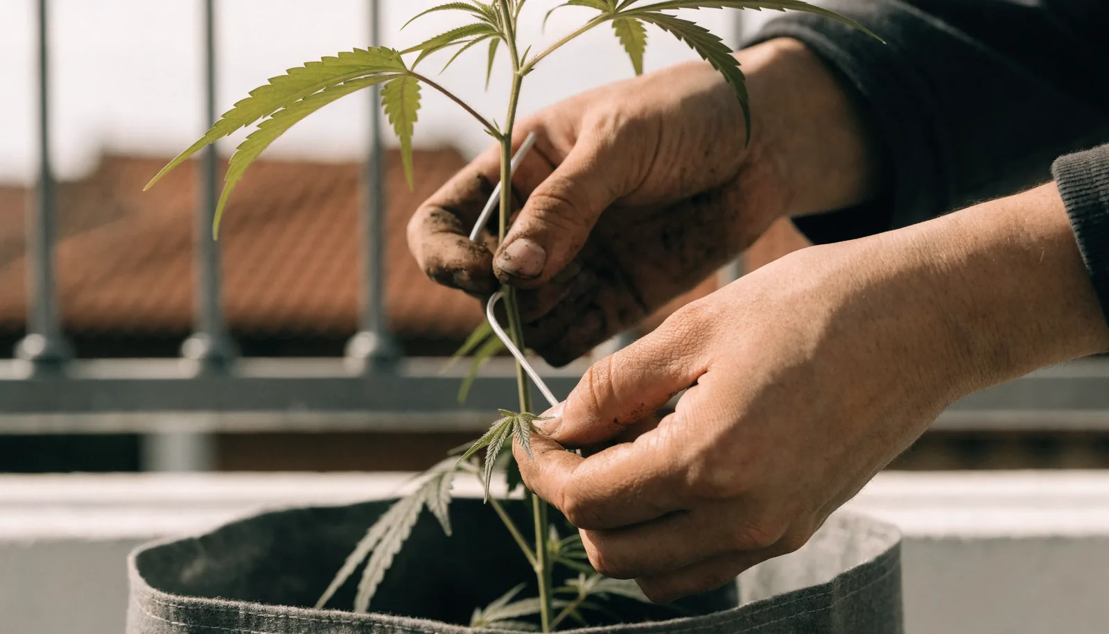Mains attachant une branche de cannabis avec du fil végétal en utilisant la technique du low-stress training sur un balcon