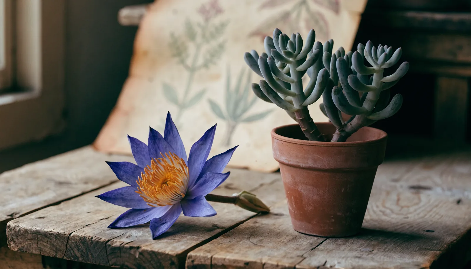 Fleur séchée de lotus bleu (Nymphaea caerulea) à côté d'une succulente kanna vivante (Sceletium tortuosum)