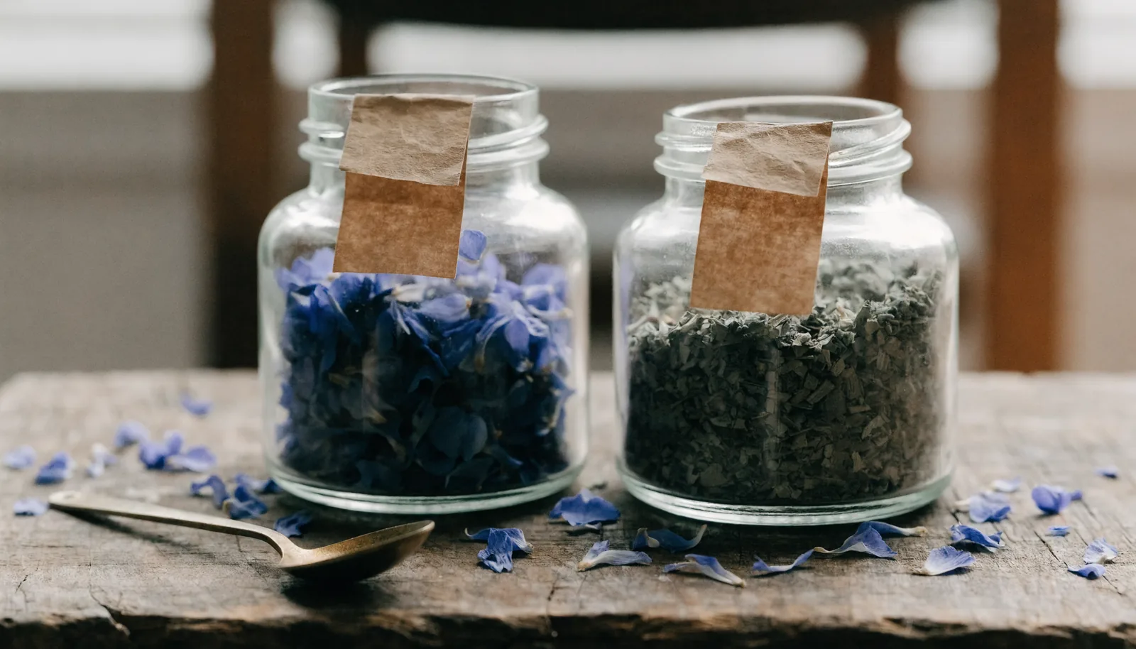 Bocaux en verre contenant des pétales séchés de lotus bleu et du matériel végétal de kanna haché