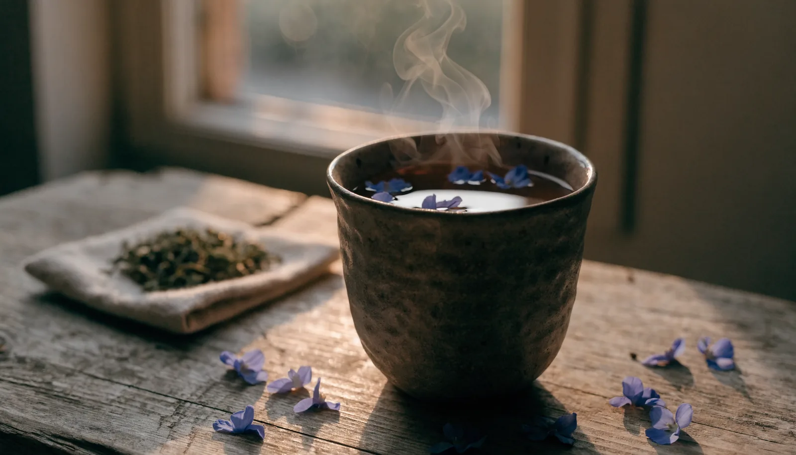 Une tasse de tisane de lotus bleu avec des pétales flottants à côté d'un sachet de kanna séché