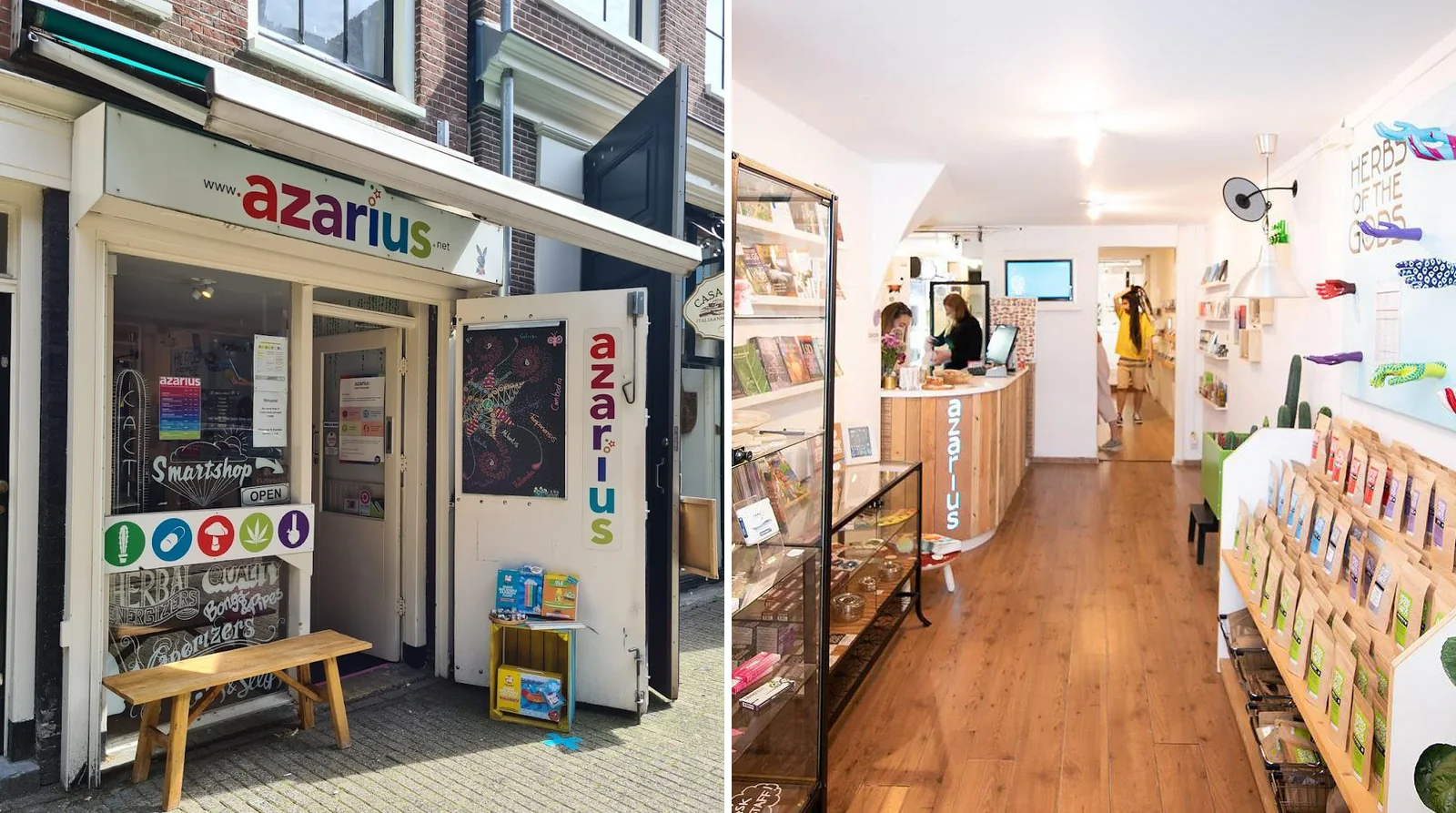The Azarius smartshop in Amsterdam — canal-street storefront and interior with product shelves and counter