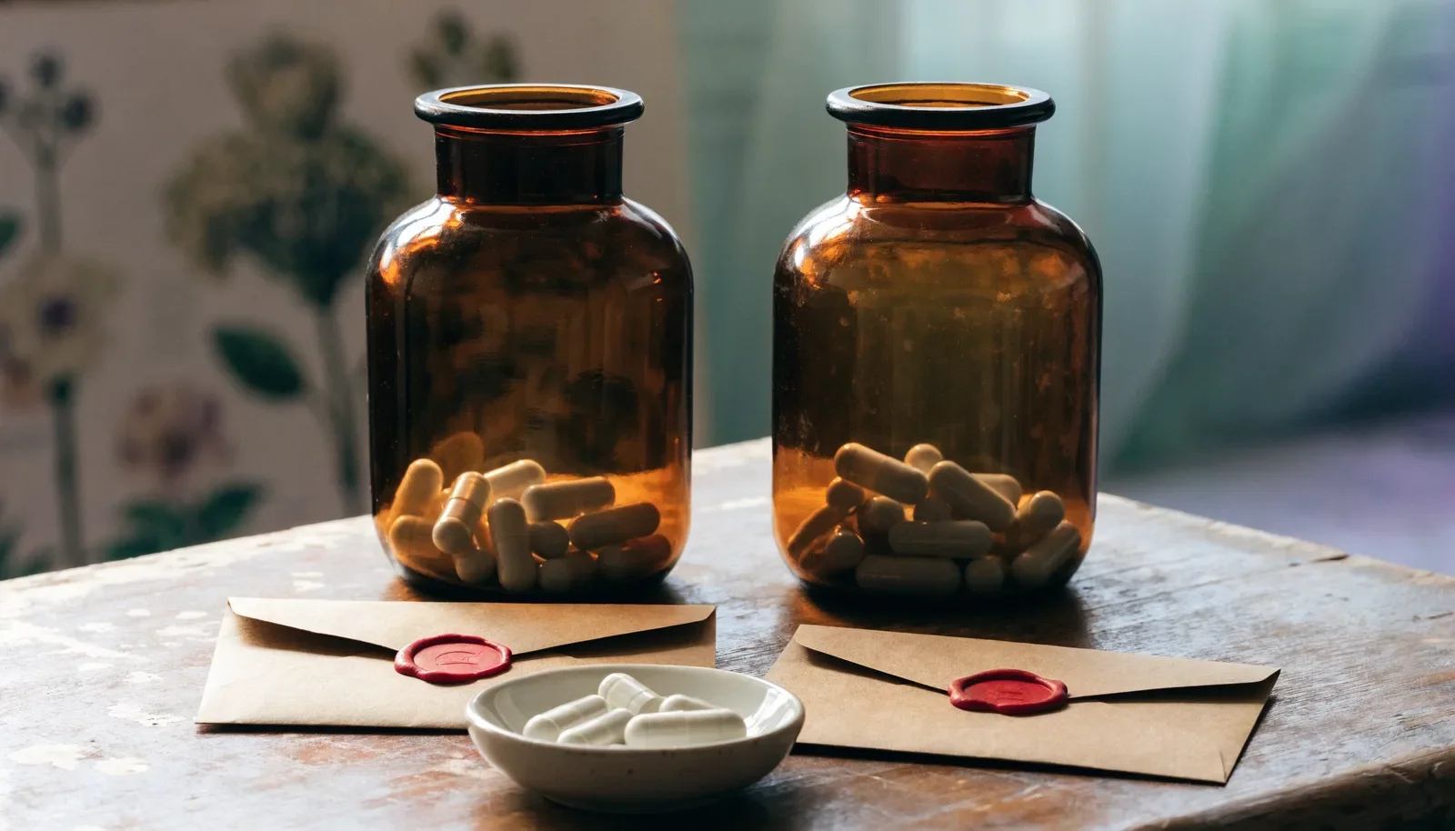 Deux pots identiques de capsules blanches et enveloppes scellées illustrant l'aveugle et les contrôles placebo dans les essais cliniques