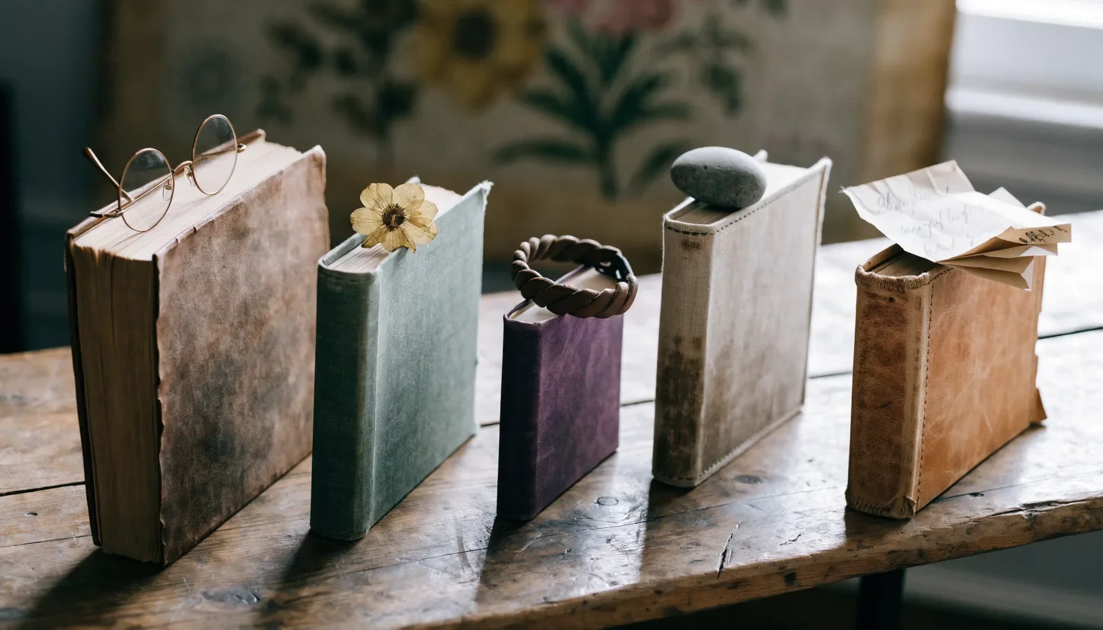Cinq carnets différents surmontés d'objets personnels symbolisant les réponses individuelles variées à une même dose